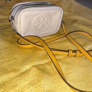 Tory Burch Cream Crossbody Bag with Yellow Strap